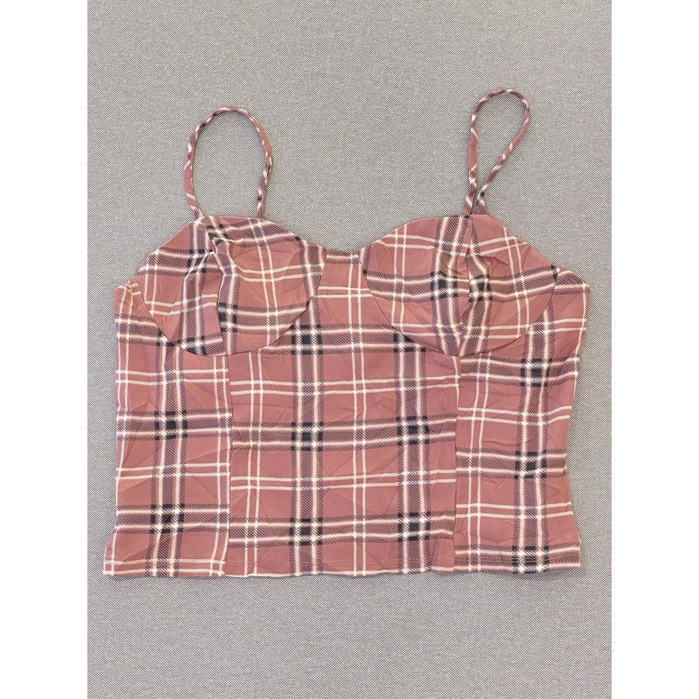 Plaid‎ Corset Style Crop Top Pink Checkered Adjustable Straps Timing XL